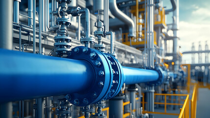 Fototapeta premium Blue Industrial Pipeline System With Steel Components And Structural Framework