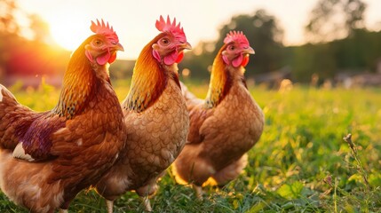 Three Chickens at Sunset in a Field