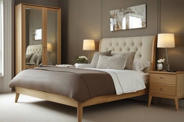 Modern bedroom with wooden furniture, neutral color scheme, and upholstered headboard.