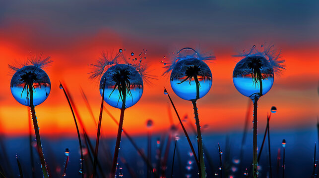 dandelion seeds in water drops close-up on a sunset background. selective focus