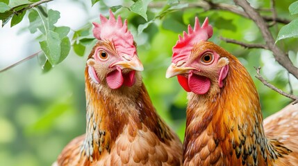 Fototapeta premium Two Brown Hens in a Garden