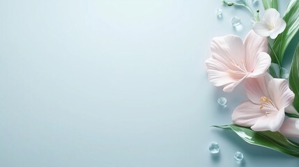 Soft pink floral arrangement with leaves on a pastel blue background. Elegant botanical design for greeting cards and branding.