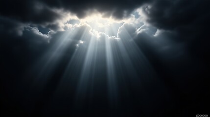 Sunlight piercing through dark storm clouds. Symbol of power and nature’s force