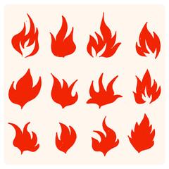Silhouettes of Fire flame. Fire icons  charcoal or pencil drawn illustration. Vector fire icons. Vintage hipster fire flame logo, label, badge.