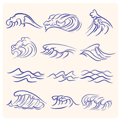 Obraz premium Ocean waves charcoal or pencil drawn illustration. Oriental waves illustration icon set. Japanese waves. Linear style.