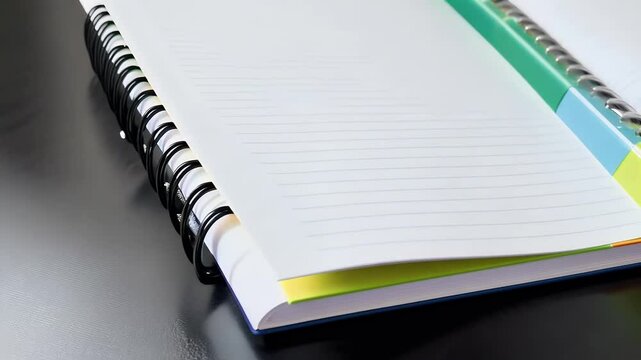 stylish spiral notebook colorful dividers silver pen resting dark table featuring stop motion animation pages flipping