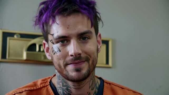 Portrait d&rsquo;un d&eacute;tenu tatou&eacute; aux cheveux violets en tenue de prison