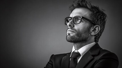 Obraz premium Confident man in suit and glasses, looking up with a determined expression. Monochrome portrait capturing ambition and a forward-thinking mindset.