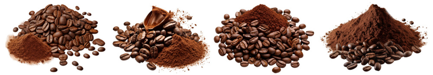 Obraz premium Coffee beans and ground coffee in different textures isolated on white background