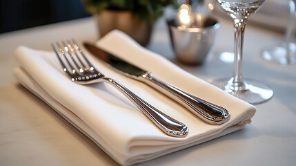  Shiny stainless steel cutlery resting beside a folded white napkin. A neatly arranged set of silverware, including a fork, knife, and spoon, lies on crisp fabric.