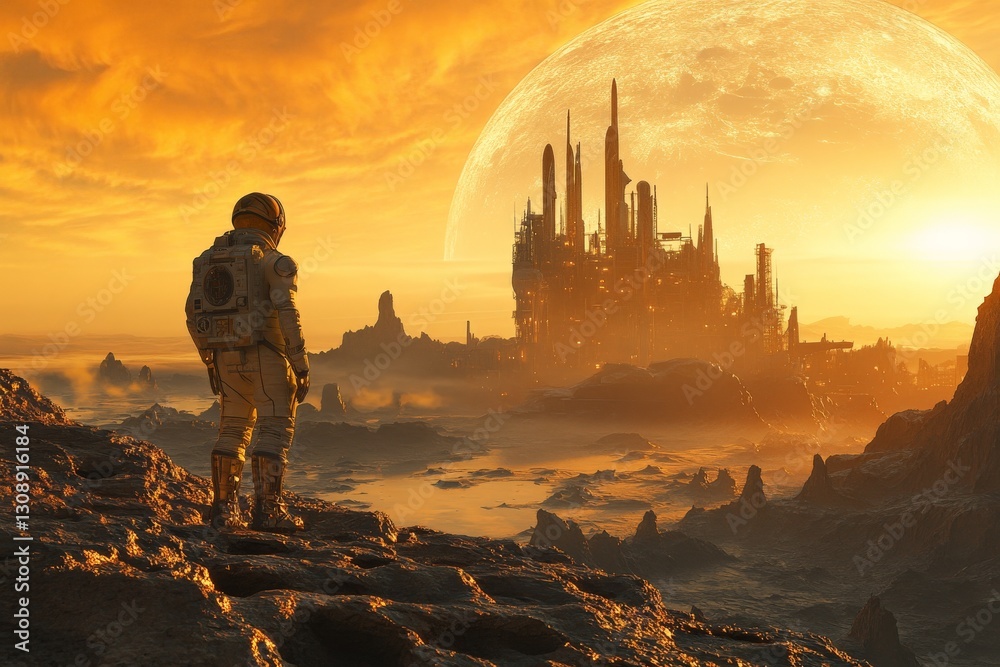 Poster exploring a distant planet under a massive sun with a futuristic city in the background at sunset