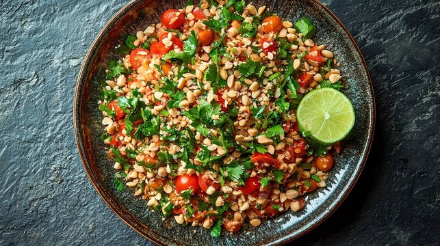  Spicy Thai papaya salad with fresh herbs and crushed peanuts. A vibrant plate of shredded green papaya mixed with bright red chili slices, cherry tomatoes, and crispy peanuts.