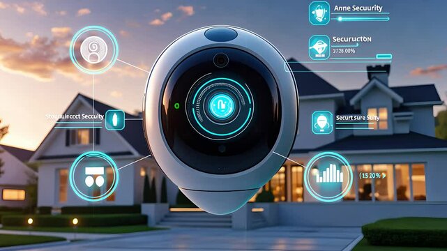 Futuristic Smart Home Security Camera With Digital Interface And Advanced Surveillance System In A Modern Residential Area

