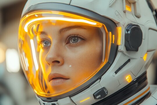 Astronaut preparing for a mission in a futuristic space suit with glowing visor in a high-tech environment - Powered by Adobe