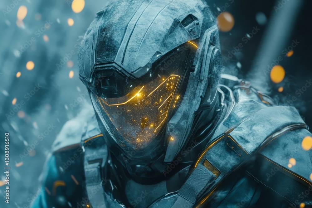 Poster futuristic soldier in advanced armor with glowing details during intense battle preparation in a sci