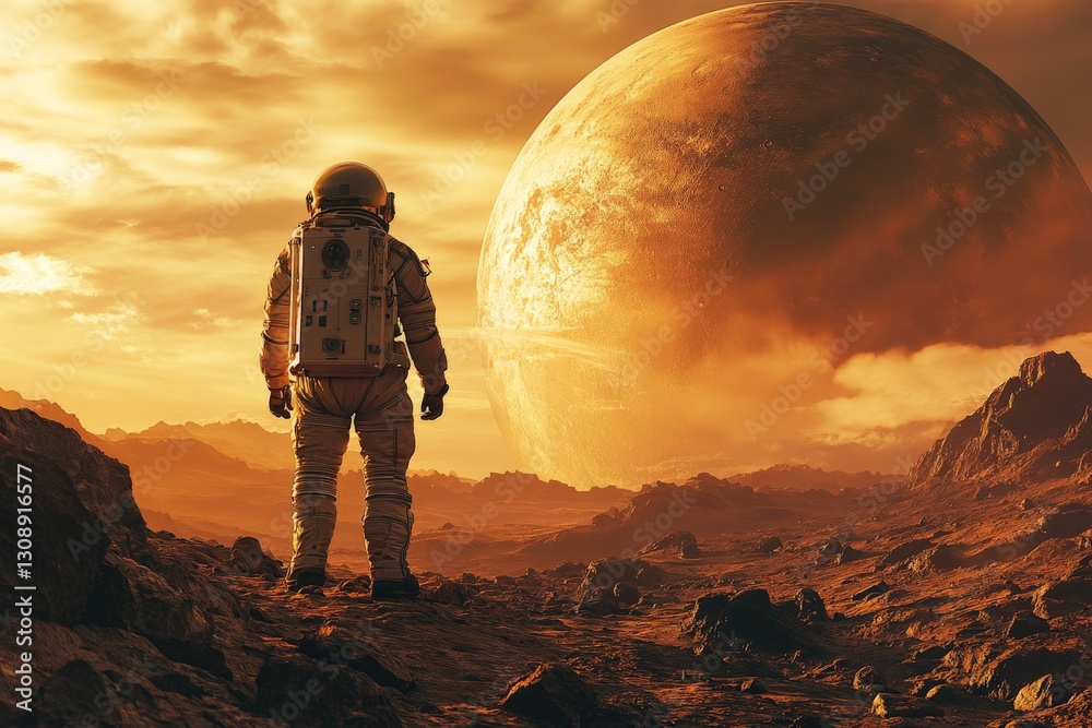 Poster astronaut exploring a distant alien landscape against a backdrop of a massive planet at sunset