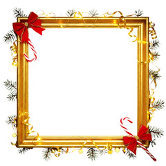 Obraz premium Festive Christmas background with red and gold decorations, beautifully wrapped gifts, fir branches and shiny ornaments. Perfect for holiday greetings, invitations, white background. PNG