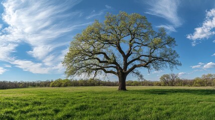 Obraz premium A beautiful tree stands on the grassy hill against a blue sky with a cloud-filled background.