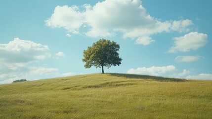 Obraz premium A beautiful tree stands on the grassy hill against a blue sky with a cloud-filled background.