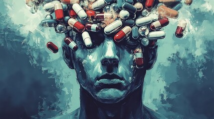  Addiction illustration representing struggle and dependency. A raw, high-resolution visual conveying emotional depth and the impact of substance abuse.