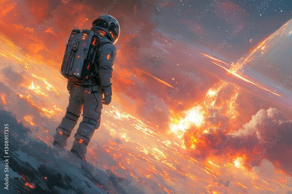 Poster Astronaut gazes at cosmic explosion while floating through colorful nebula in deep space