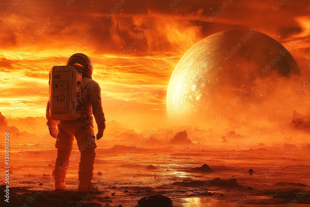 Poster astronaut standing on a fiery alien landscape with a massive planet in the background during sunset