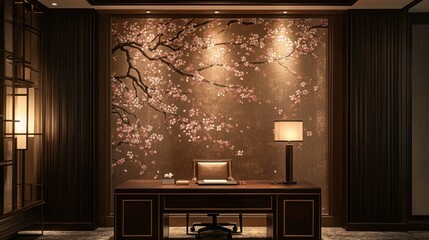 Elegant office with cherry blossom wall art, desk, and warm lighting