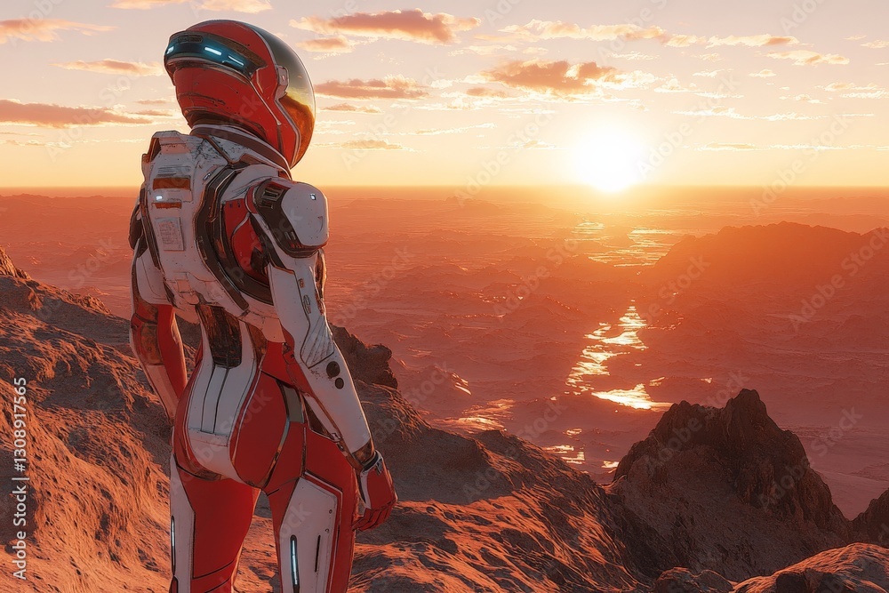 Poster exploring a distant landscape at sunset with a futuristic astronaut contemplating the vast beauty of