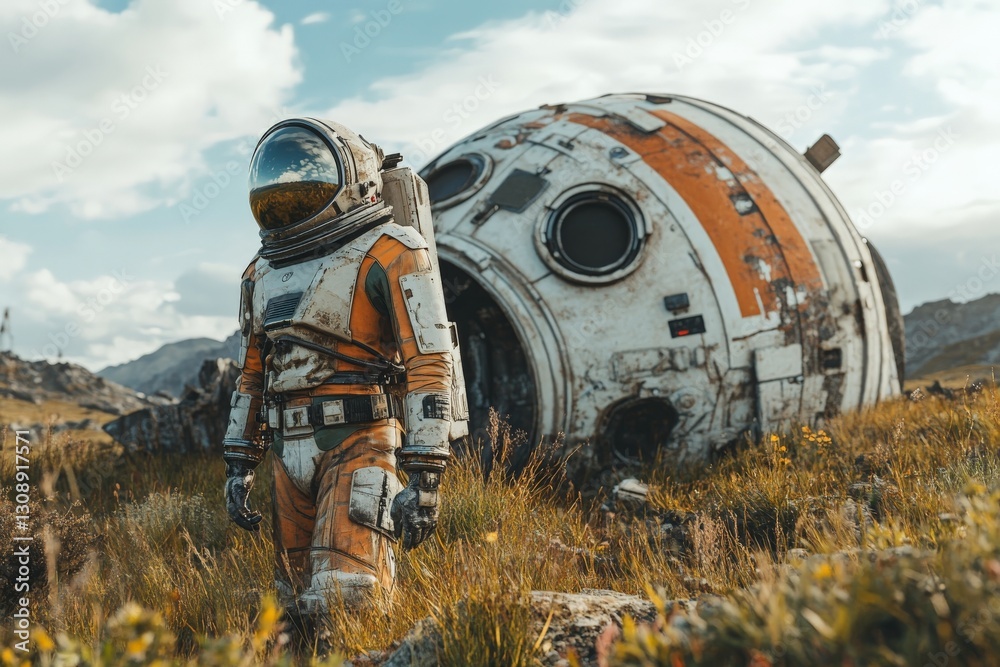Poster space explorer stands beside a crashed spacecraft in an alien landscape during daylight with mountai