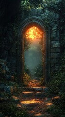 Fototapeta premium A stone archway marks the entrance to a mysterious and dark forest
