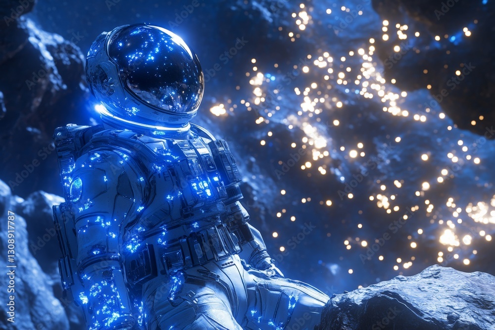 Aufkleber Space explorer surrounded by sparkling celestial elements in a deep cosmic setting
