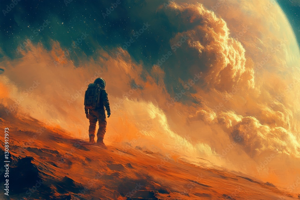 Aufkleber astronaut explores rocky terrain under a dramatic sky on another planet during twilight