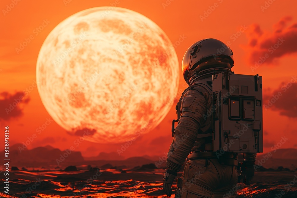 Aufkleber astronaut observing a massive red moon during an otherworldly sunset on a distant planet