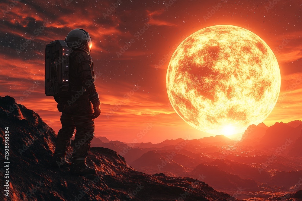 Poster astronaut stands on rocky surface while observing a massive sun setting in an otherworldly landscape