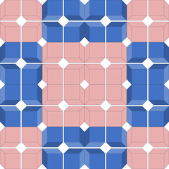 pink and blue tone cube 3D seamless repeat pattern, replete image design for fabric printing or wallpaper, blue abstract wall, checkerboard boxes