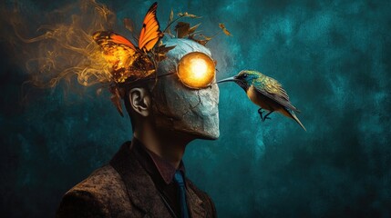 A person wearing a hat adorned with a bird, suitable for fantasy or cultural themed projects