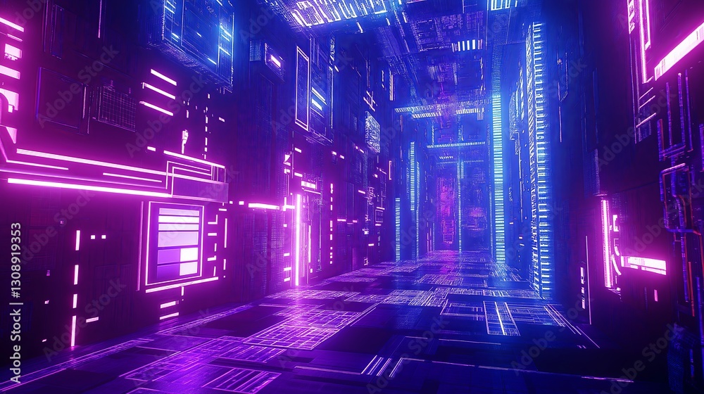Aufkleber Glowing cyberpunk circuits with holographic grids and data streams 