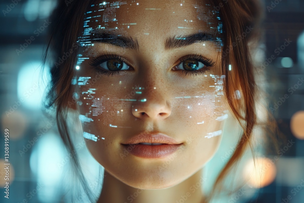 Poster futuristic interface overlays on a young woman's face in a digital environment with soft lighting an
