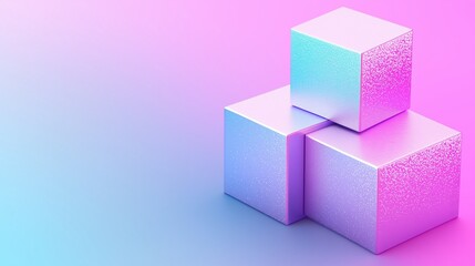 Three stacked iridescent cubes with a pink and blue gradient on a pastel background. Futuristic abstract design