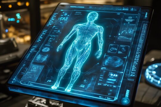 Digital human anatomy display in a futuristic laboratory setting with advanced technology