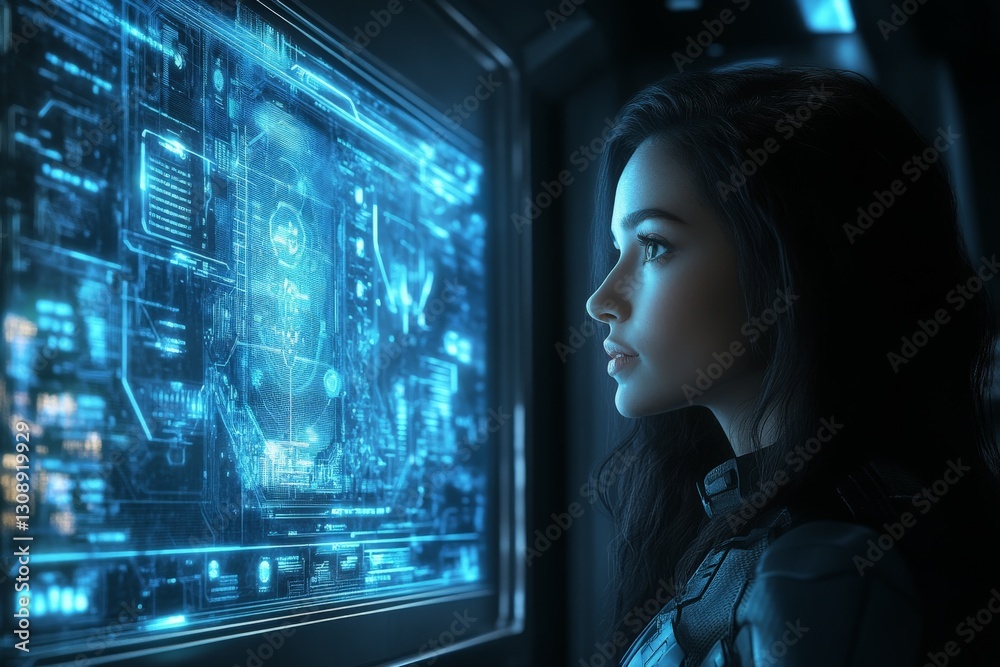 Aufkleber woman examining advanced technology display in futuristic environment during nighttime hours