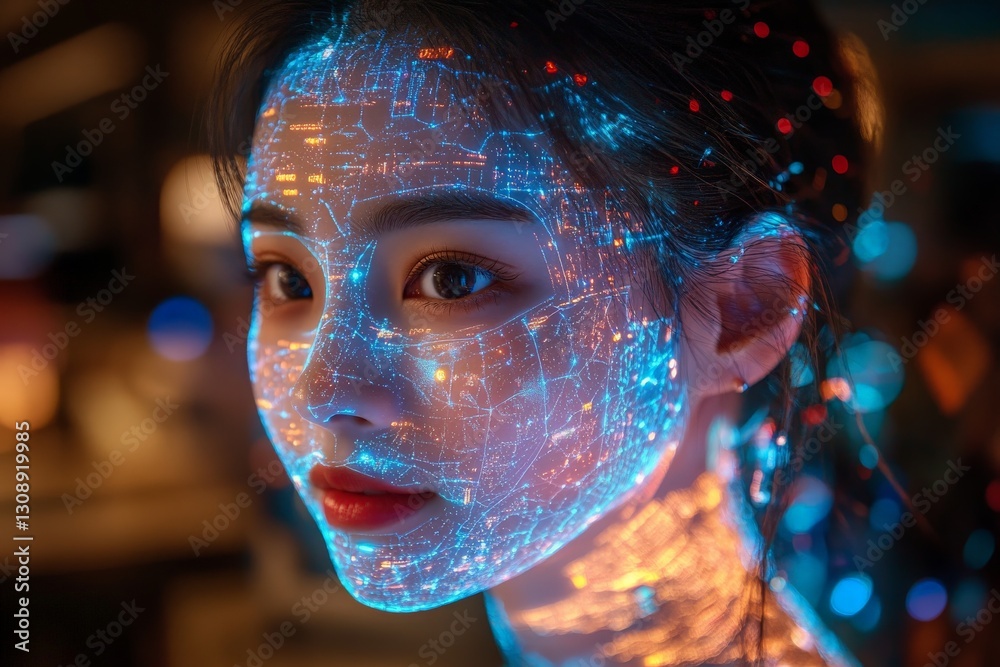 Aufkleber visual representation of a woman with glowing digital patterns on her face in a dark, artistic space