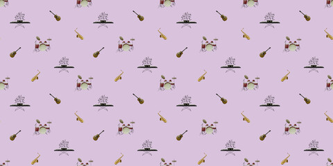 Seamless pattern with musical instruments on a pastel background. Features guitars, saxophones, keyboards, and drum sets, perfect for music-themed designs and textiles.