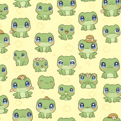 Cute kawaii frogs seamless pattern smiling and wearing hats