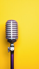 Fototapeta premium Tech Talk Podcast with Muted Backdrop for Professional Look, Retro microphone on vibrant yellow background