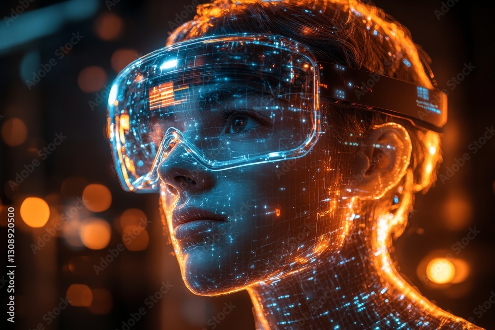 Poster Innovative technology with a focus on virtual reality headset illuminating the user in a futuristic setting