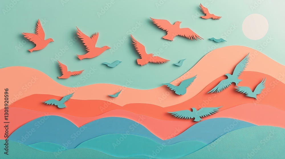 Poster paper-cut art of birds migrating across a teal and coral sky