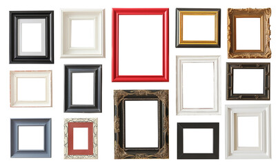 Assorted empty frames collection in various shapes and colors  isolated on white background PNG