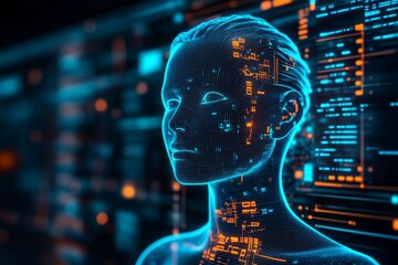 Digital representation of an artificial intelligence figure with glowing circuitry elements and data overlay in a futuristic setting