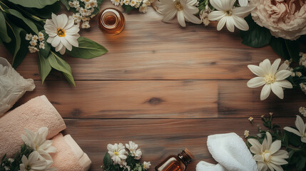 Fototapeta premium Calming Spa Scene with Essential Oils, Towels, and Flowers on Wooden Background